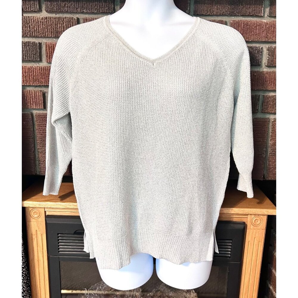 LIZ CLAIBORNE METALLIC SILVER V-NECK 3/4 SLEEVE PULLOVER SWEATER - XL